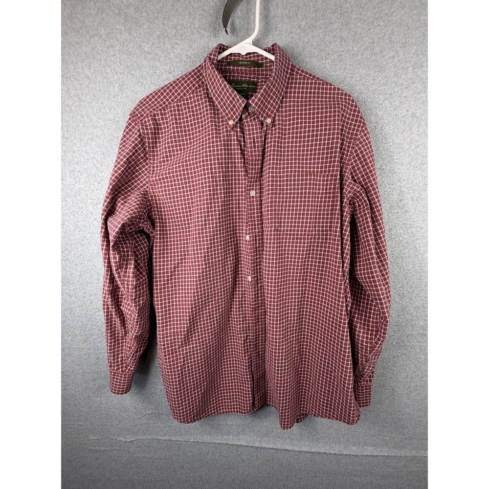 Eddie Bauer Shirt Mens Medium Red Check Button Down Relaxed Fit Cotton